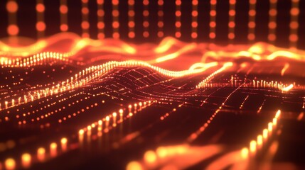 Glowing digital waveforms syncing with a pulsating grid, symbolizing  and neural rhythms