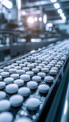 Obraz premium Pharmaceutical pills moving on a production line in a modern factory
