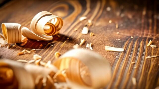 Close-up of a sharp chisel surrounded by light-colored wood shavings on a textured wooden surface, showcasing craftsmanship and woodwork.