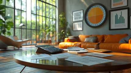 Modern furnished French rental scene blending luxury décor with finance icons—charts, documents, and a calculator—highlighting LMNP’s tax benefits and smart property investment balance...