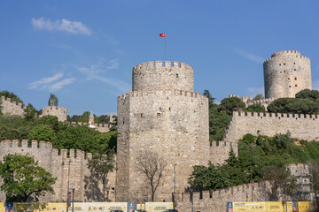 Rumeli fortress – tourists attraction in Turkey, panoramic view from Bosporus in sunny summer day