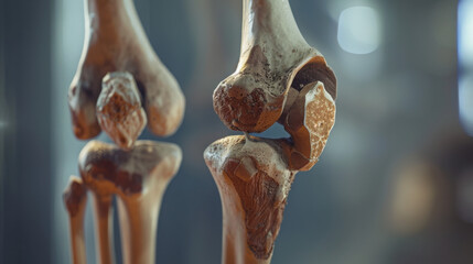 Realistic knee with chondromalacia: inflamed patellar cartilage, visible bones and tendons, futuristic high-tech aesthetic, medically accurate, sleek background, ideal for educational use...