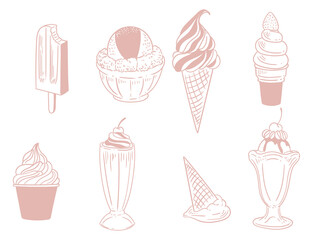 Set of original hand-drawn ink ice cream illustrations. Original ice cream cone drawings