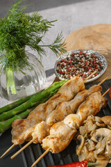 Barbecue on bamboo sticks. Grilled chicken kebab with mushrooms, asparagus and tomato. Red hot kebab. Close-up