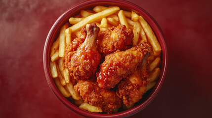Crispy fried chicken meal captured from above on a textured red background. Studio-style dramatic lighting highlights the golden crunch, creating a bold and appetizing visual...