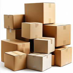 Stacked cardboard boxes in various sizes on a white background  