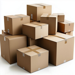 Stacked cardboard boxes in various sizes on a white background  