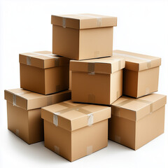 Stack of brown cardboard boxes arranged on white background  