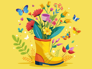 vector of Yellow rubber boot full of spring flowers. Butterflies are flying on the flowers... yellow background.