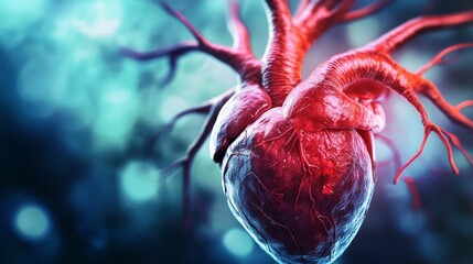 Close-up of human heart model used in medical research or cardiology study in a laboratory setting