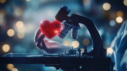 Hand holding heart model under microscope, symbolizing science and cardiology integration in healthcare advancements