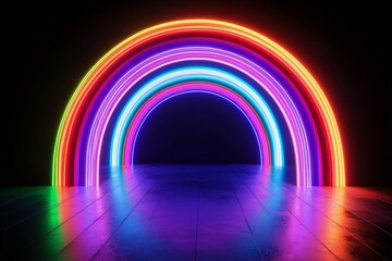 Glowing Rainbow Archway Colorful Neon Lights on Dark Floor, Abstract ,3D Render