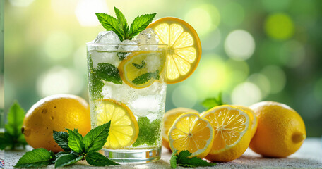 A refreshing frosty glass of Limonana with mint and lemon, perfect for summer beverage promotions and health-focused advertisements.