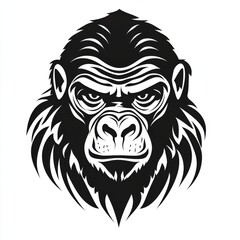 Black and white vector illustration of a gorilla head with bold lines and fierce facial expression. Represents strength, power, and can be used in branding, tattoos, or mascots.