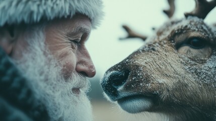 Conversation between a bearded man and a reindeer in winter scenery