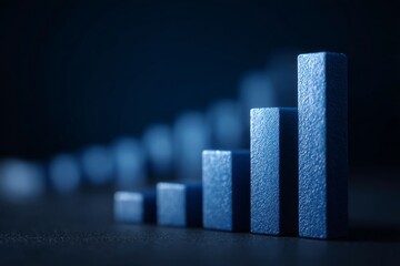Close-up of a blue 3D bar graph rising on a dark background, symbolizing data growth and financial success. Perfect for business, finance, or analytics visuals.