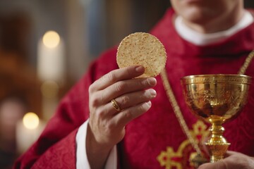 Priest in red vestments holding a communion wafer and golden chalice during a Eucharist ceremony. Symbolic religious moment suited for faith, church, and sacrament themes.