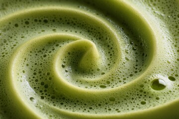 Close-up of a vibrant green matcha foam with a swirling pattern and delicate bubbles. Ideal for beverage branding, wellness content, and food or drink design backgrounds.