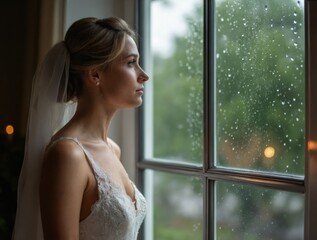 Bride in a white wedding dress and veil gazing out a rain-covered window with soft natural light. Captures emotion, anticipation, and romantic atmosphere for wedding storytelling.