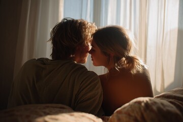 Romantic couple in soft morning light sharing an intimate moment near a window with warm natural tones. Perfect for themes of love, connection, and peaceful domestic life.