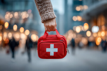 Person holding a red medical kit with a white cross symbol in a busy urban setting