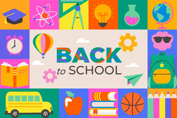Welcome back to school geometric cover, poster with school stationery elements-pencils,books,globe. School educational template for advertise,web,poster,banner in square tile style.Vector illustration