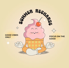 Lovely ice cream character in yoga pose,funny summer food-sundae, gelato. Sweet kawaii delicacy with cherry on top for kids. Template for greeting,invitation,poster, flyer, web.Vector illustration