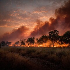 A fiery landscape, where raging flames and thick smoke consume the horizon, an image that sparks concern about the natural world.