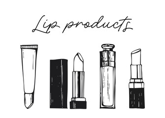 Lip makeup set isolated on white background. Beaty and cosmetics theme hand drawn illustration