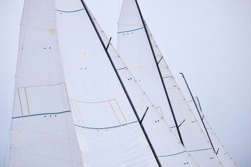 multiple sails at the sailing regatta in the Gulf of Finland at cloudy weather, hot race of several...