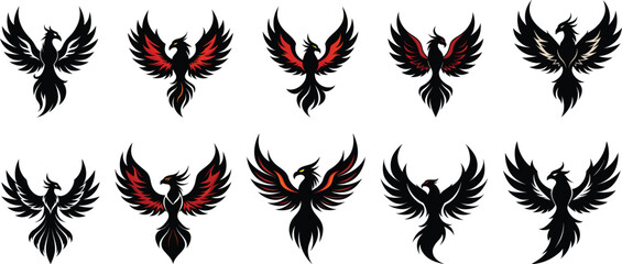 Phoenix bird with feathers logo set vector illustration
