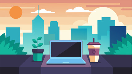In a concrete jungle a laptop and cup of cold brew thrive on a rooftop providing a picturesque and peaceful escape from the chaos below.. Vector illustration