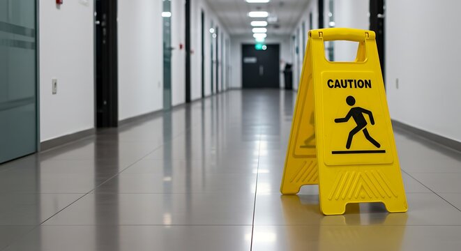 Slip Hazard Warning Sign in Office Corridor
