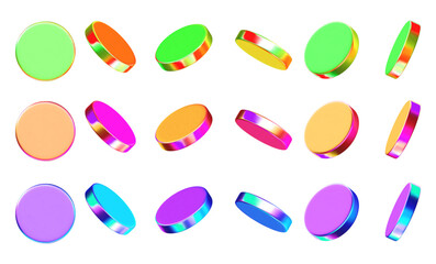 3d glass coin, disk, podium or shape element. Holographic circle figure. Y2k neon abstract element. Stock vector illustration on isolated background.
