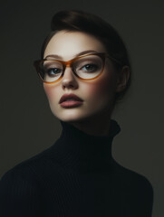 Fashionable glasses advertisement. Bright Fashionable studio portrait of stylish woman wearing glasses, editorial portrait in 1960s style