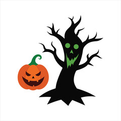 Halloween Tree and Pumpkin Vector Illustration