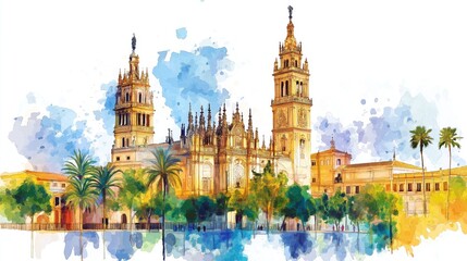 Seville Cathedral and La Giralda. Seville Cathedral and La Giralda hand drawn watercolor illustration