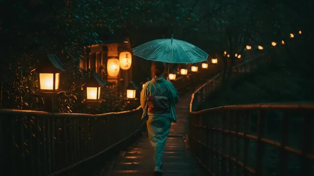 Woman in a kimono walking a path at night under an umbrella