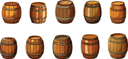 old wooden barrel set vector illustration