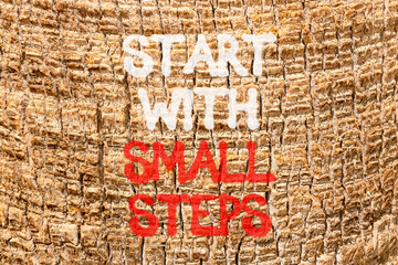 Start with small steps symbol. Concept words phrase Start with small steps on beautiful palm tree bark. Beautiful palm tree bark background. Business Start with small steps concept. Copy space.