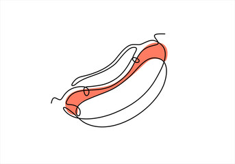 Hot dog continuous line drawing. Minimalist food and drink concept isolated on white, Continuous line art Hot Dog sausage full topped, ketchup. Hand drawn one line vector. Editable stroke	