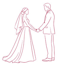 Bride and groom holding hands in love with a minimalist wedding theme on a white background
