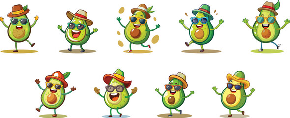 Obraz premium Happy avocado with hat and sunglasses cartoon character vector illustration