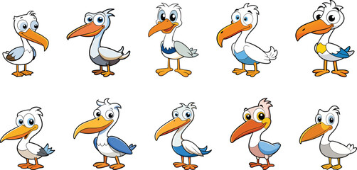 cute pelican bird cartoon set vector illustration