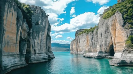 A breathtaking view of crystal-clear turquoise waters meeting rugged rocky cliffs under a vibrant blue sky with fluffy clouds. High-resolution, insanely detailed, and professionally color-graded...
