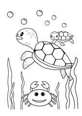 turtles and crab under the sea, coloring book