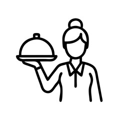Elegant waitress serving food, modern line art for restaurant menus and websites