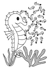 seahorse giving birth, coloring book
