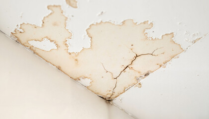 Mold spots on ceiling paint with cracks in corner of room  