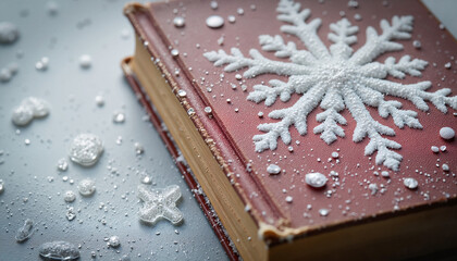 Old book with snowflake cover and water droplets on the surface  